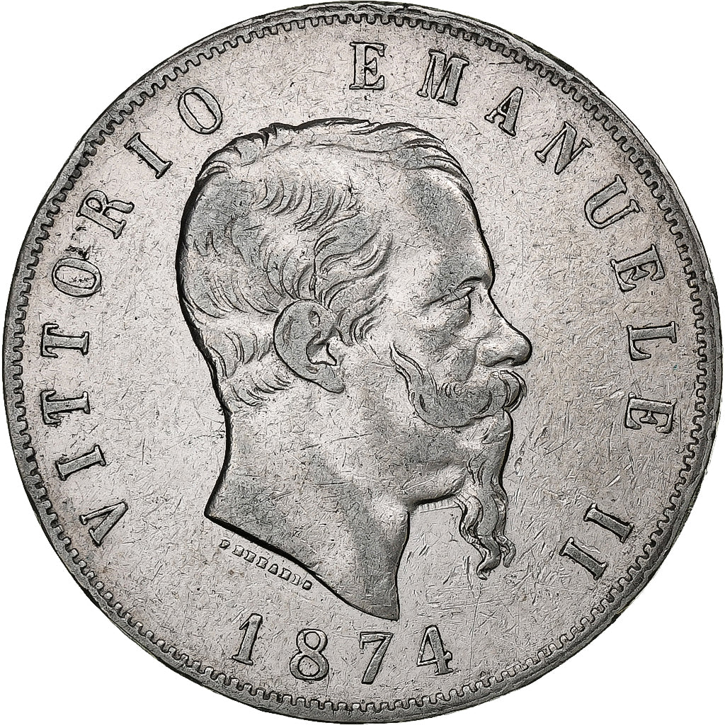 Italia, Vittorio Emanuele II, 5 Lire, 1874, Milan, Plata, BC+, KM:8.3