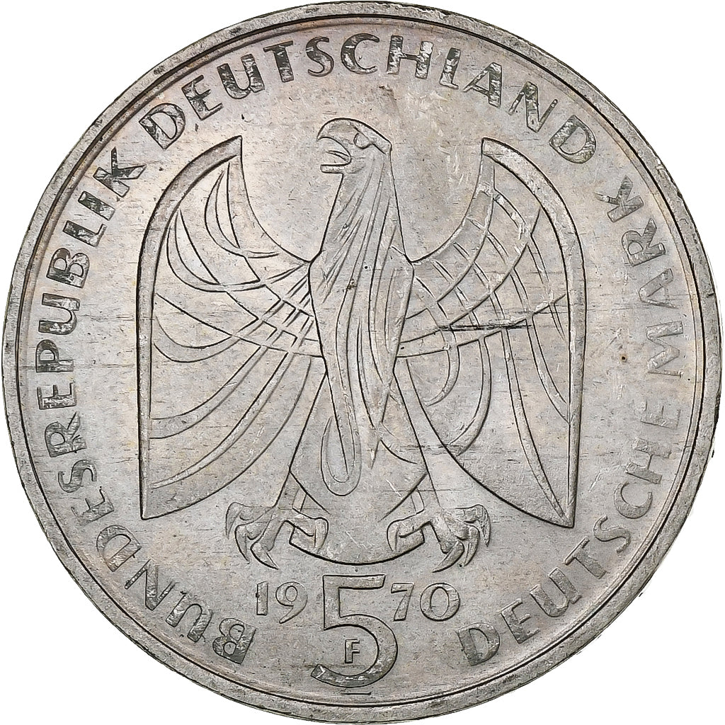 GERMANY - FEDERAL REPUBLIC, 5 Mark, 1970, Stuttgart, Silver, MS(60-62), KM:127