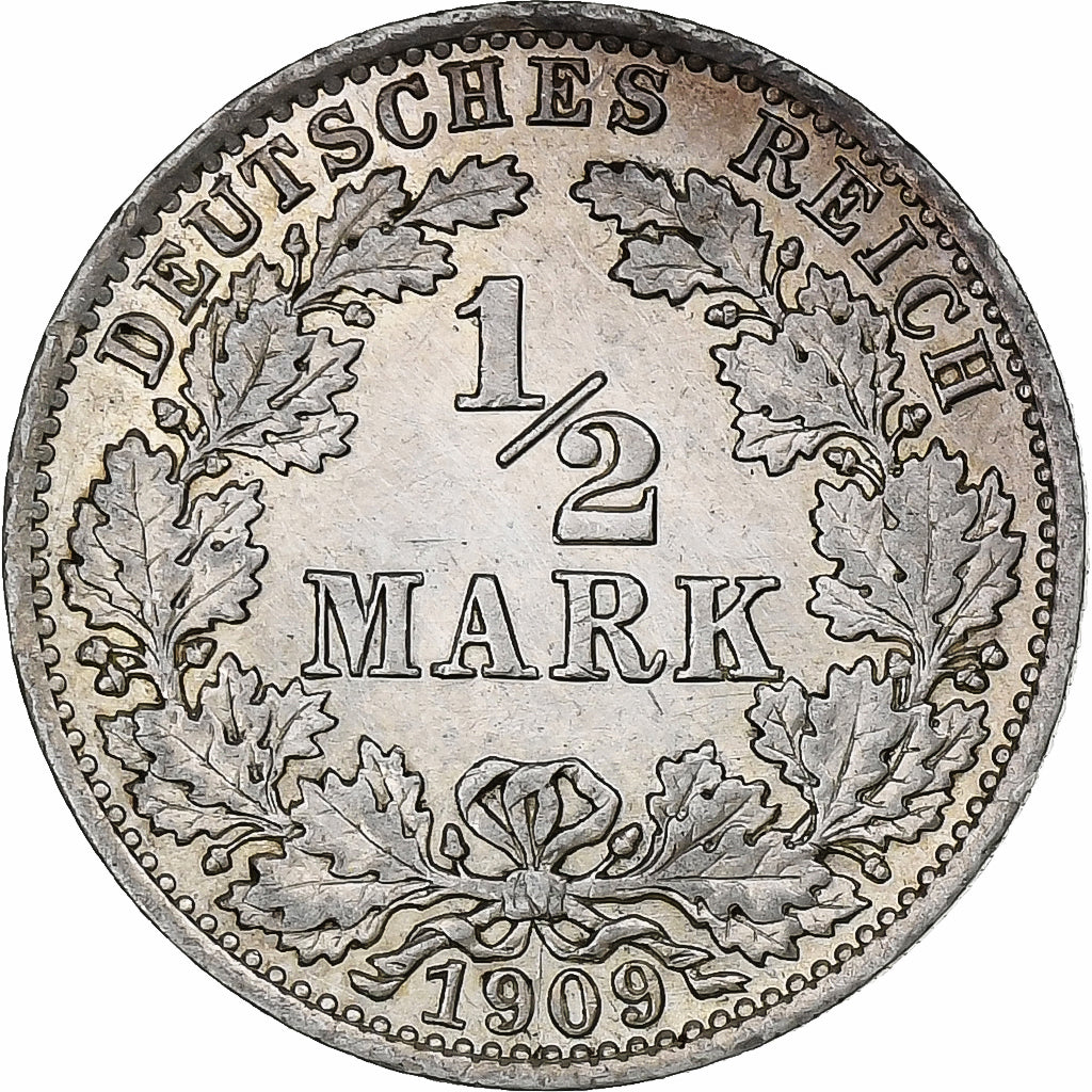 GERMANY - EMPIRE, 1/2 Mark, 1909, Berlin, Silver, AU(50-53), KM:17
