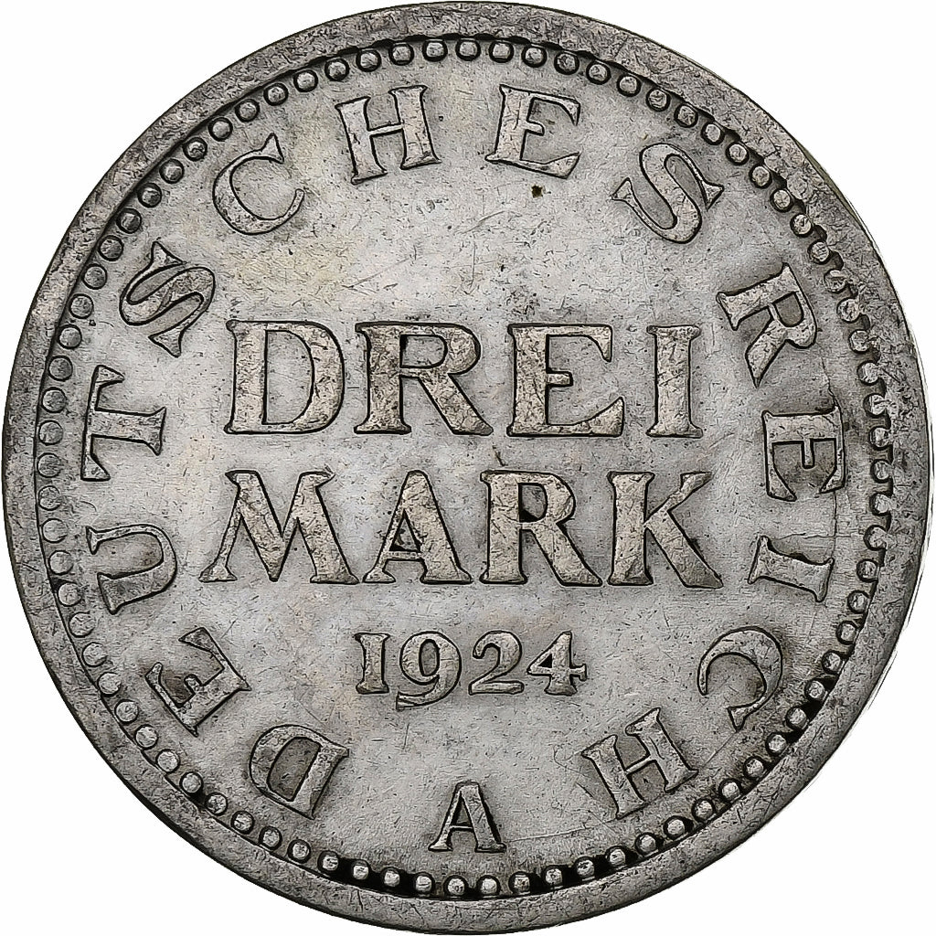 GERMANY, WEIMAR REPUBLIC, 3 Mark, 1924, Berlin, Silver, AU(50-53), KM:43