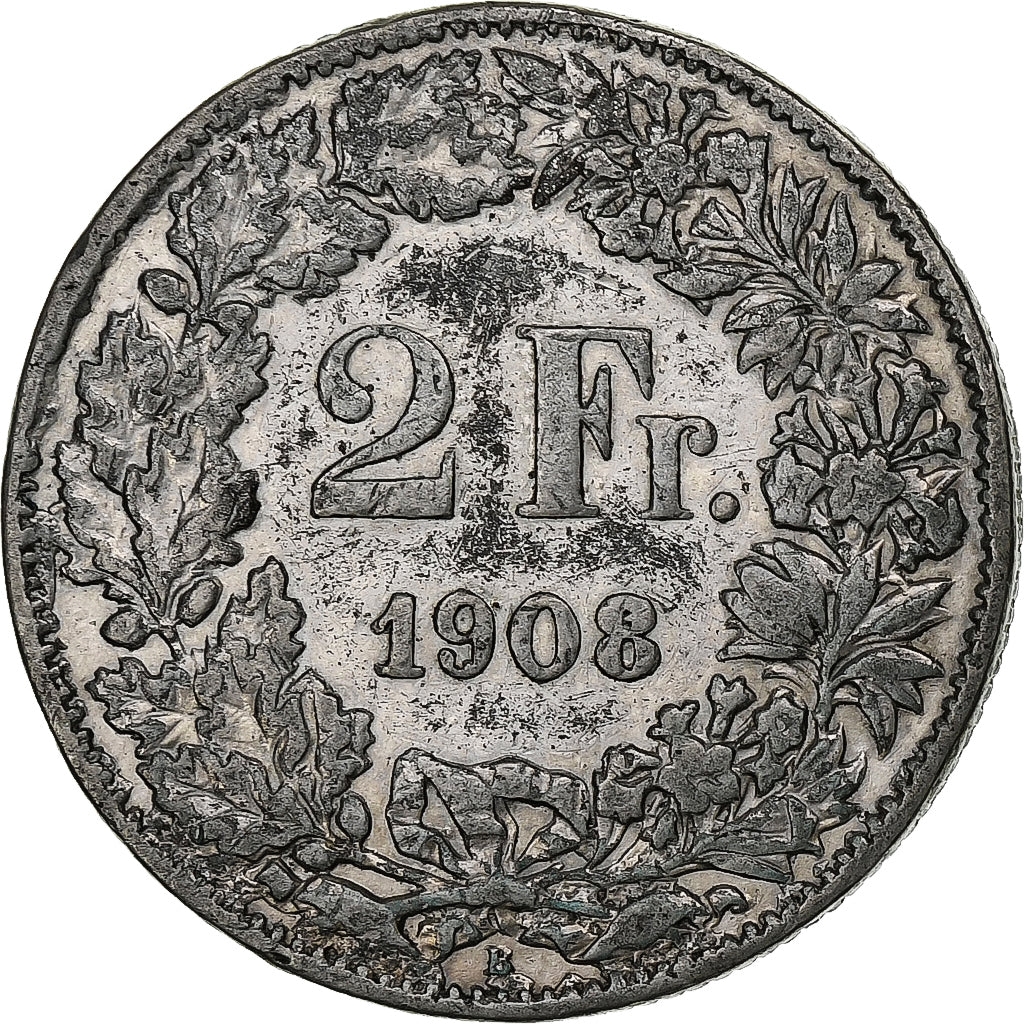Svizzera, 2 Francs, 1908, Bern, Stagno, MB+