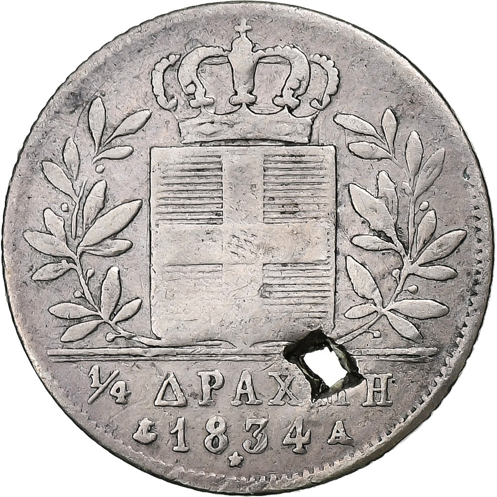 Grèce, Othon, 1/4 Drachma, 1834, Paris, Argent, B+, KM:18