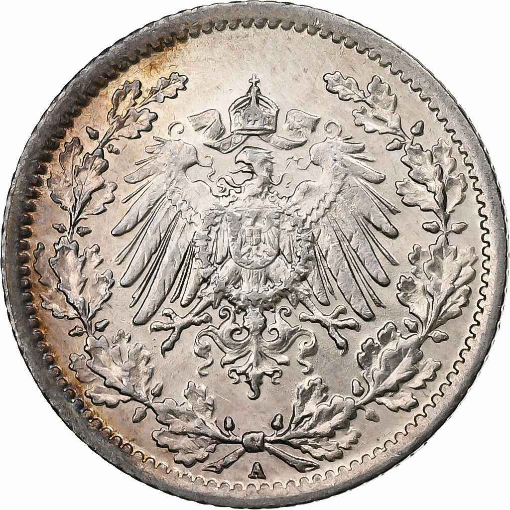 NIEMCY - IMPERIUM, 1/2 Mark, 1914, Berlin, Srebro, EF(40-45), KM:17