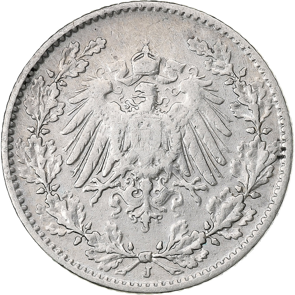 GERMANY - EMPIRE, 1/2 Mark, 1908, Hambourg, Silver, VF(20-25), KM:17