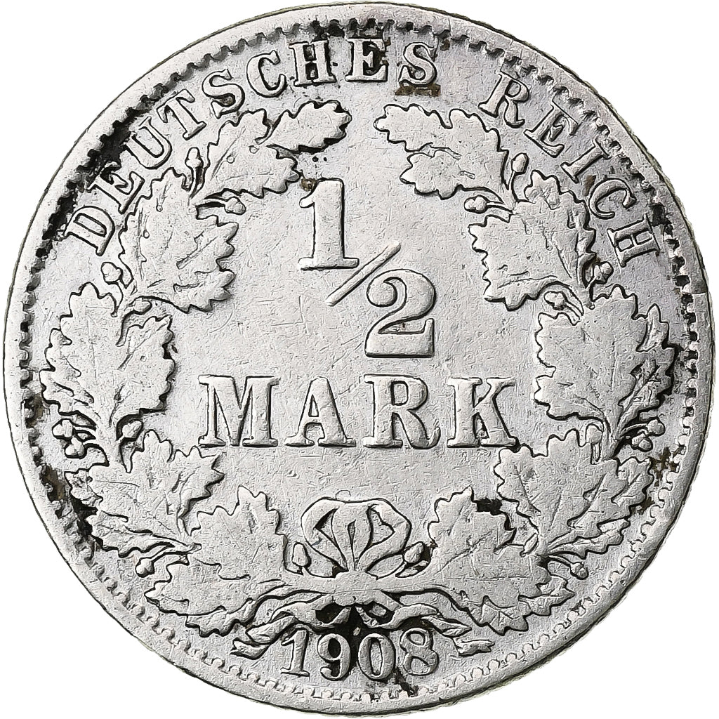 GERMANY - EMPIRE, 1/2 Mark, 1908, Hambourg, Silver, VF(20-25), KM:17