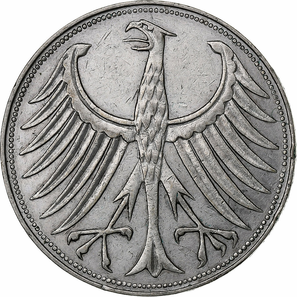 ALEMANHA - REPÚBLICA FEDERAL, 5 Mark, 1957, Stuttgart, Prata, AU(50-53)