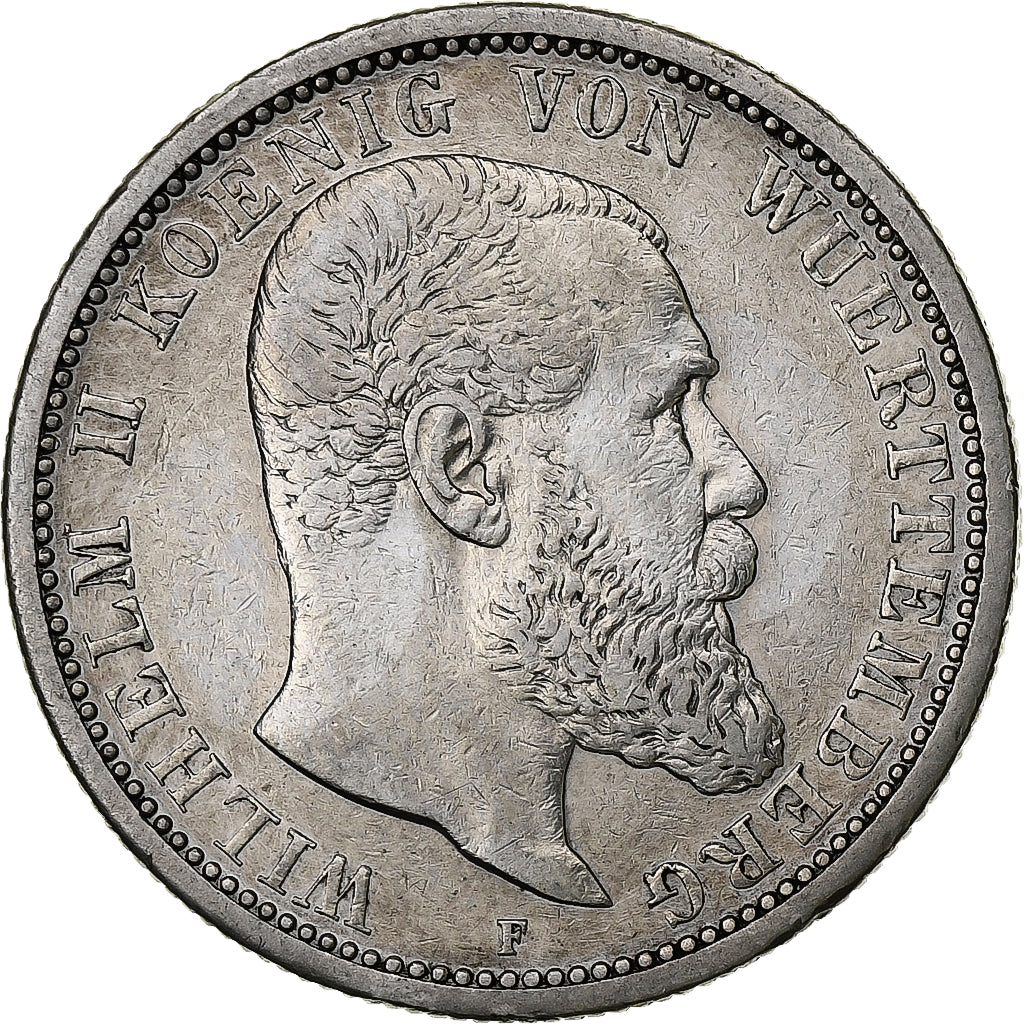 German States, WURTTEMBERG, Wilhelm II, 2 Mark, 1907, Freudenstadt, Silver