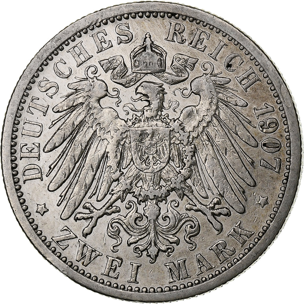 German States, WURTTEMBERG, Wilhelm II, 2 Mark, 1907, Freudenstadt, Silver