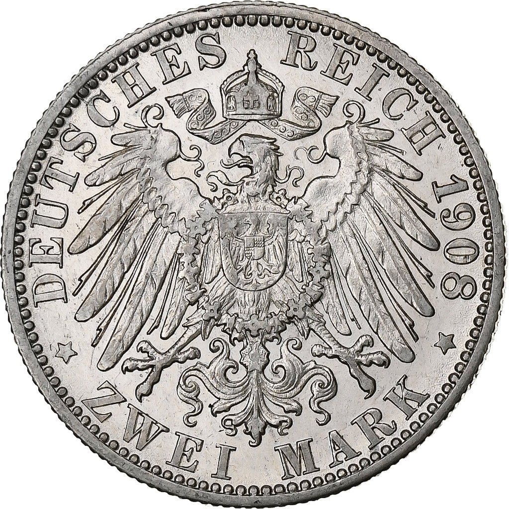 Stati tedeschi, WURTTEMBERG, Wilhelm II, 2 Mark, 1908, Freudenstadt, Argento