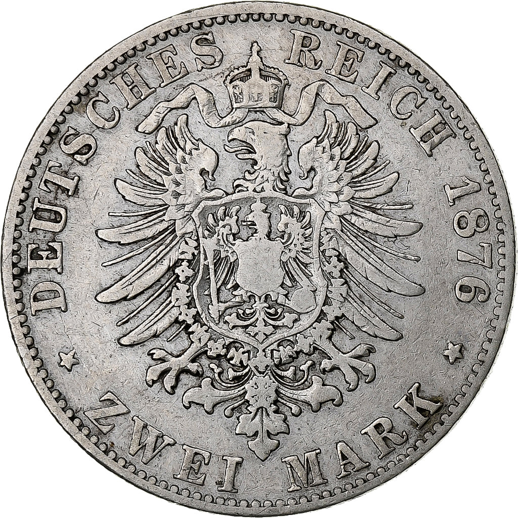 German States, BAVARIA, Ludwig II, 2 Mark, 1876, Munich, Silver, VF(20-25)