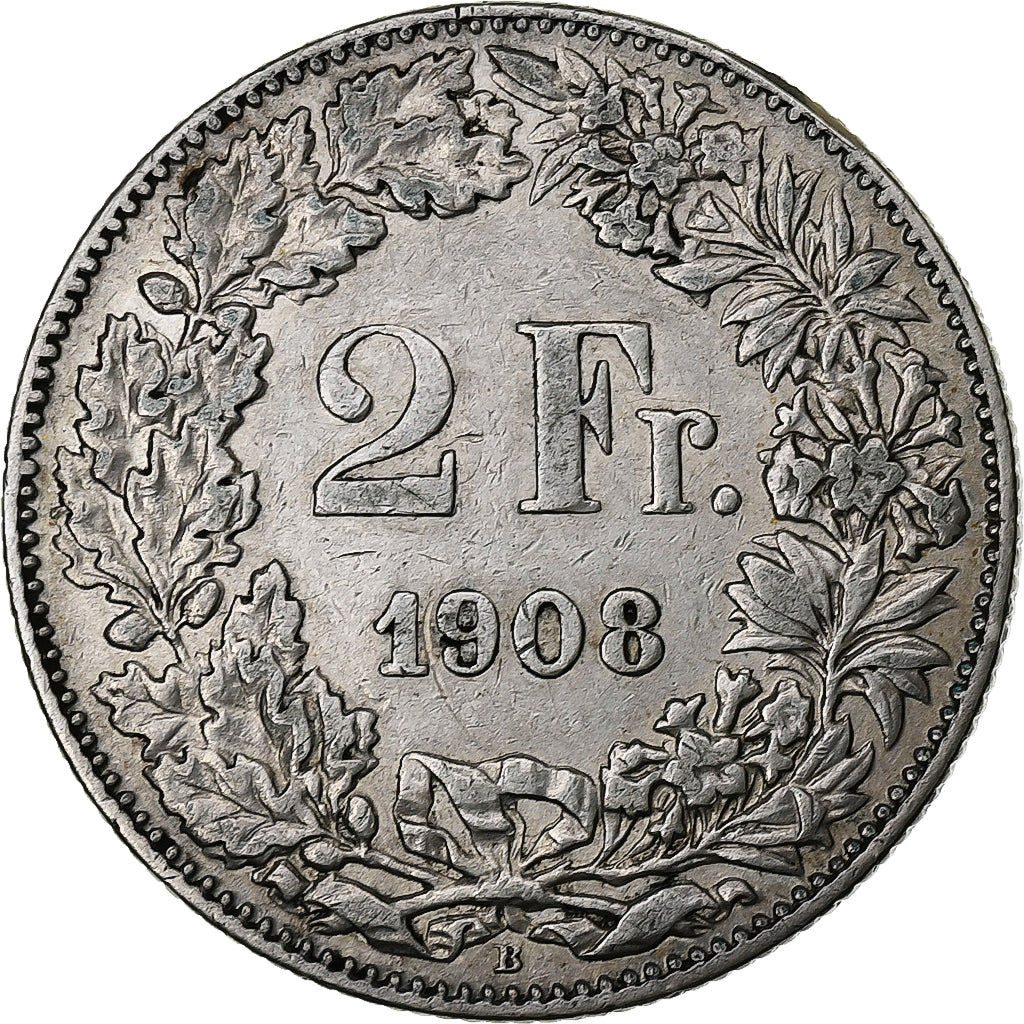 Suíça, 2 Francs, 1908, Bern, Prata, EF(40-45), KM:21