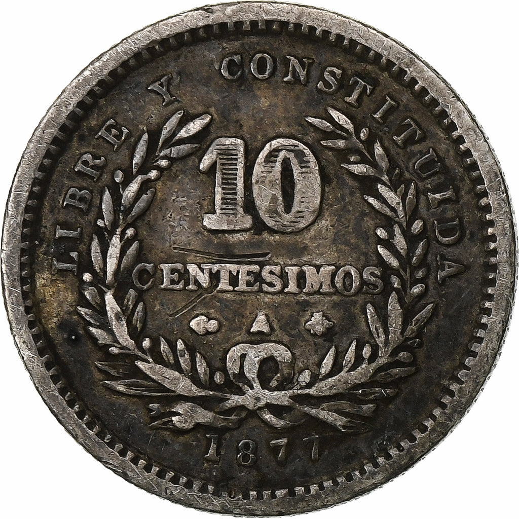 Uruguay, 10 Centesimos, 1877, Uruguay Mint, Silver, VF(20-25), KM:14