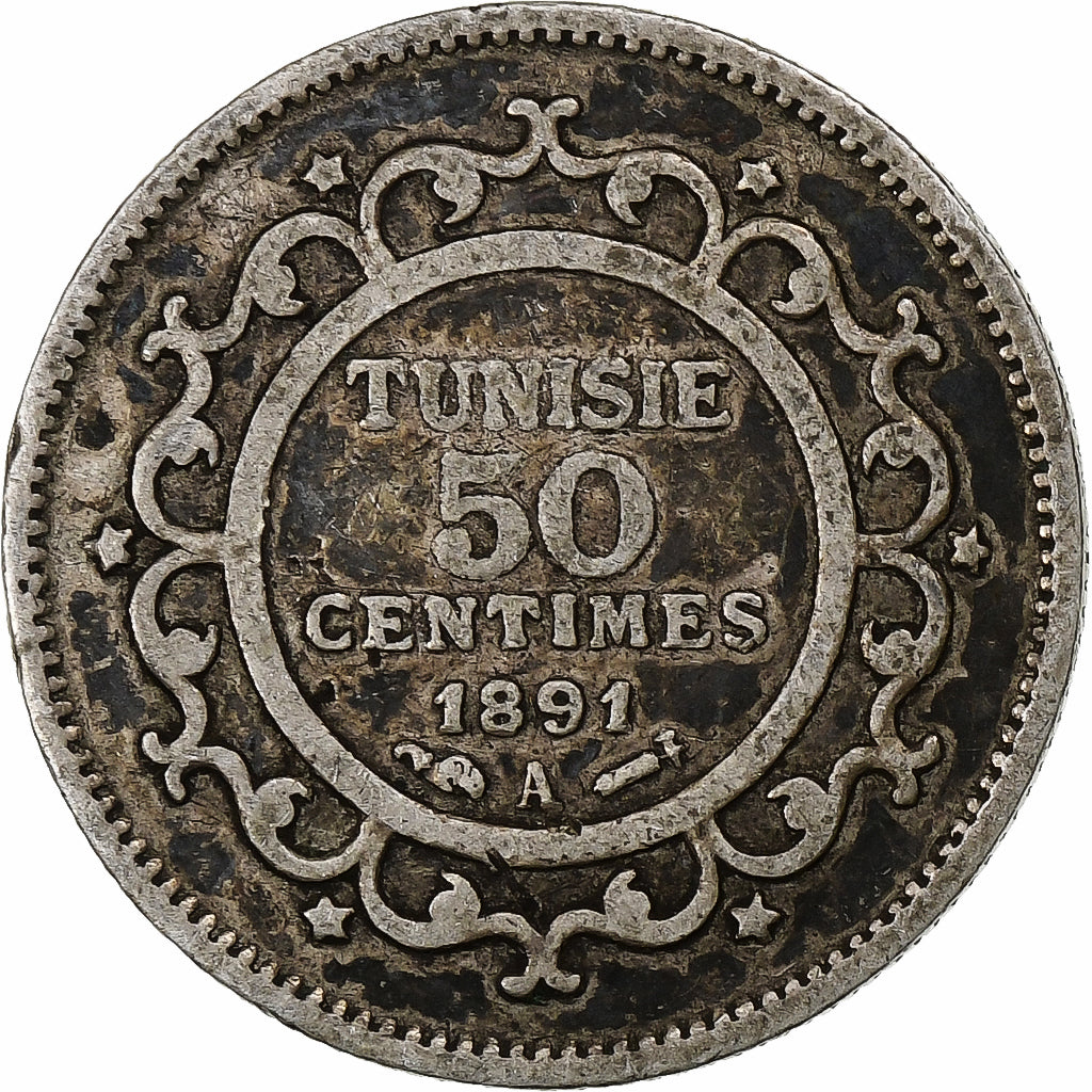 Túnez, Ali Bey, 50 Centimes, 1891, Paris, MBC, Plata, KM:223