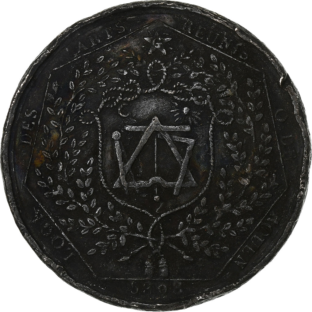 France, Jeton, Franc-maçonnerie, 1808, Rouen, Etain, Loges des Arts Réunis, TB