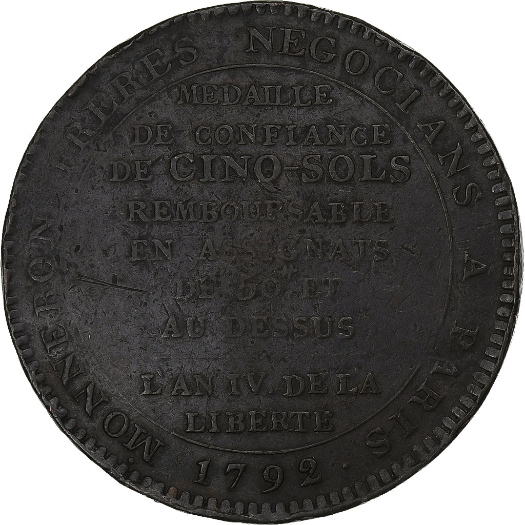Frankreich, 5 Sols, Monneron, 1792, Paris, Bronze, S+