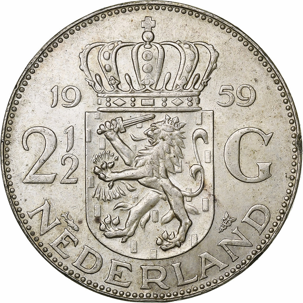Netherlands, Juliana, 2-1/2 Gulden, 1959, Silver, AU(50-53), KM:185