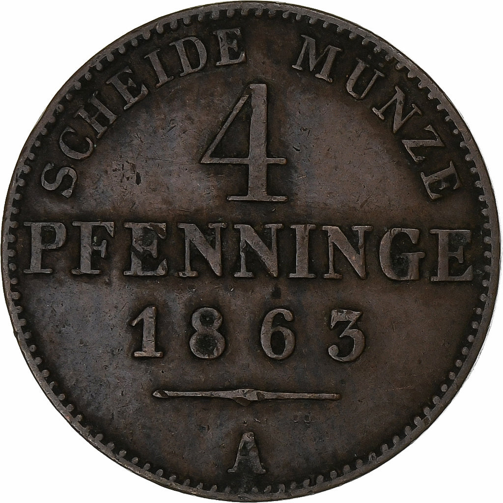 Estados Alemães, PRUSSIA, Wilhelm I, 4 Pfennig, 1863, Berlin, Cobre, EF(40-45)