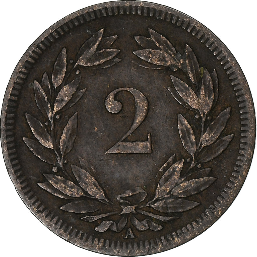 Suiza, 2 Rappen, 1851, Paris, Bronce, MBC