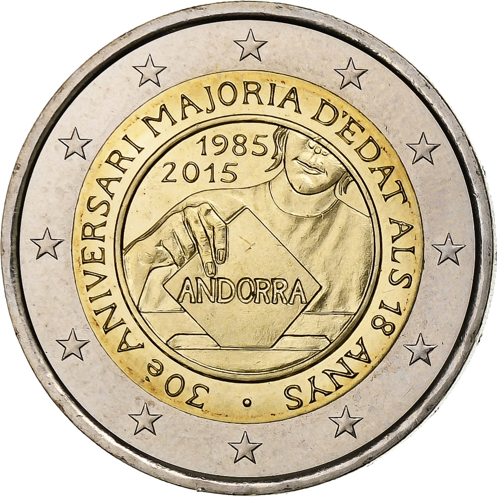 Andorra, 2 Euro, Political Rights, 2015, Madrid, Bi-Metallic, MS(63)