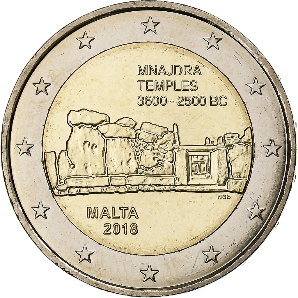 Malta, 2 Euro, Mnajdra temples, 2018, Bi-Metallic, MS(63)