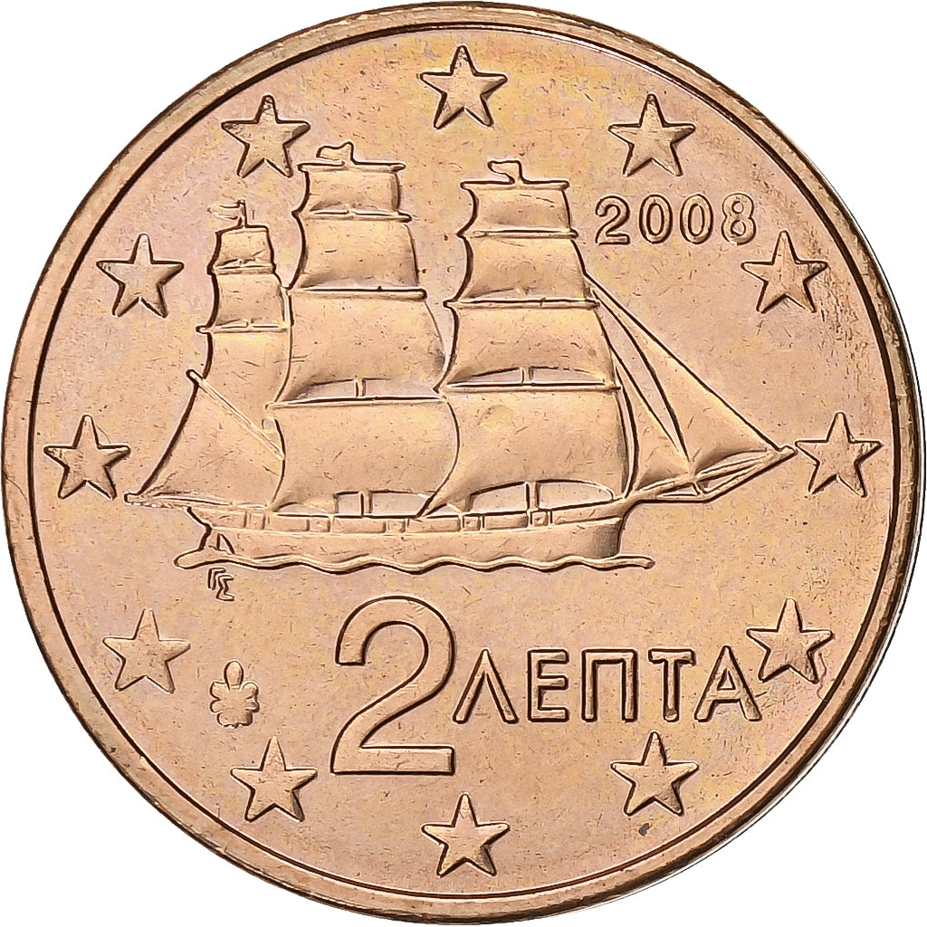 Grecja, 2 Euro Cent, 2008, Athens, Miedź platerowana stalą, MS(63)