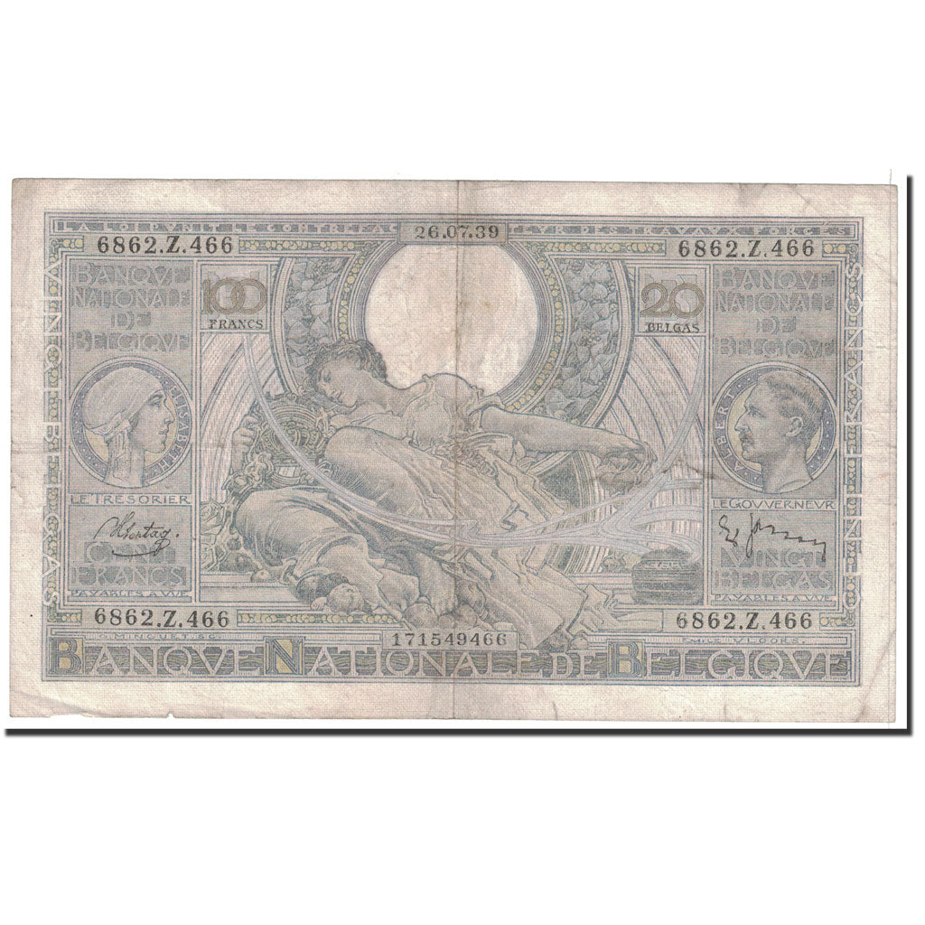 Banconote, Belgio, 100 Francs-20 Belgas, 1939, 1939-07-26, KM:107, MB+