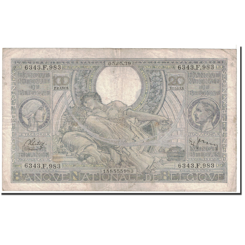 Geldschein, Belgien, 100 Francs-20 Belgas, 1939, 1939-05-05, KM:107, S