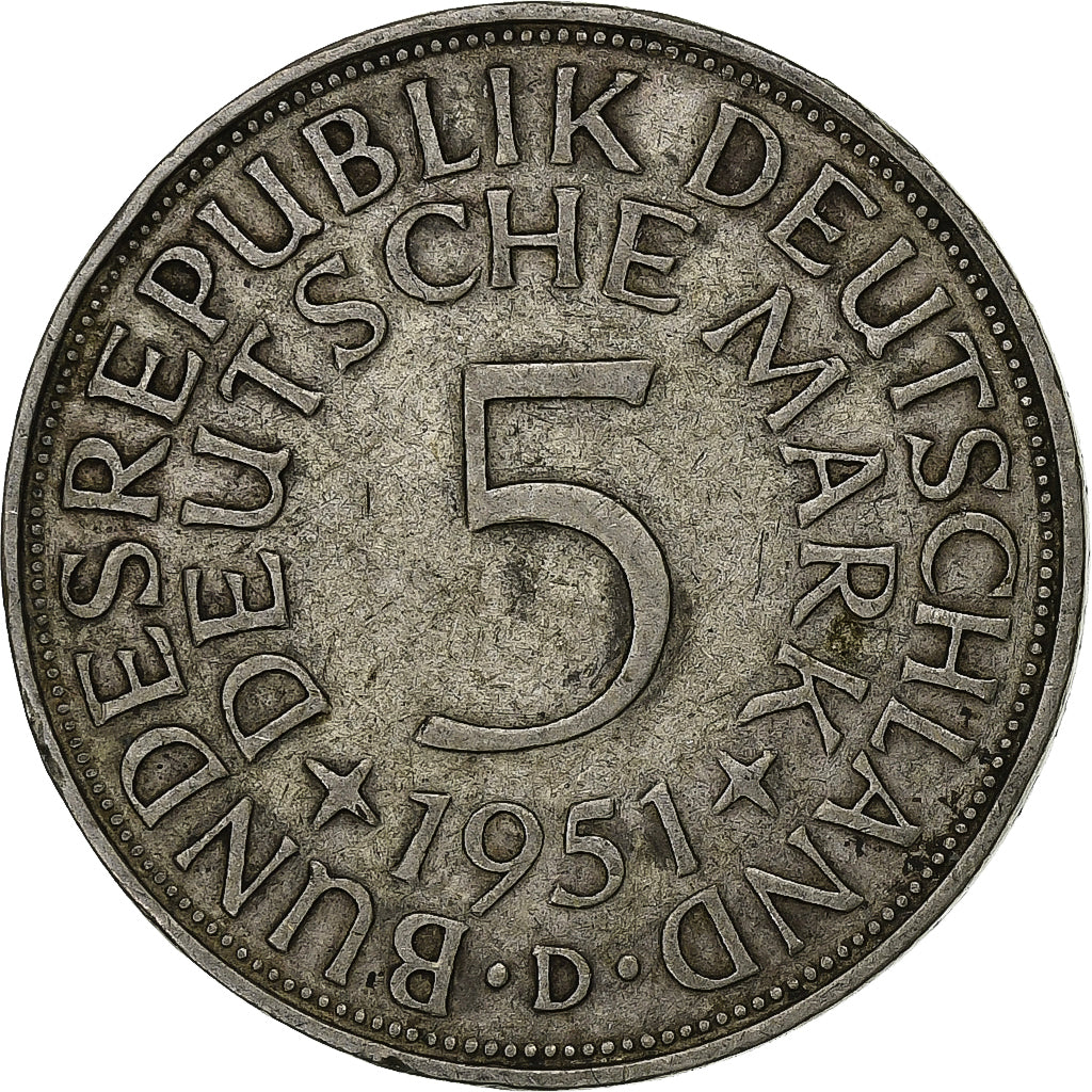 Coin, GERMANY - FEDERAL REPUBLIC, 5 Mark, 1951, Munich, EF(40-45), Silver