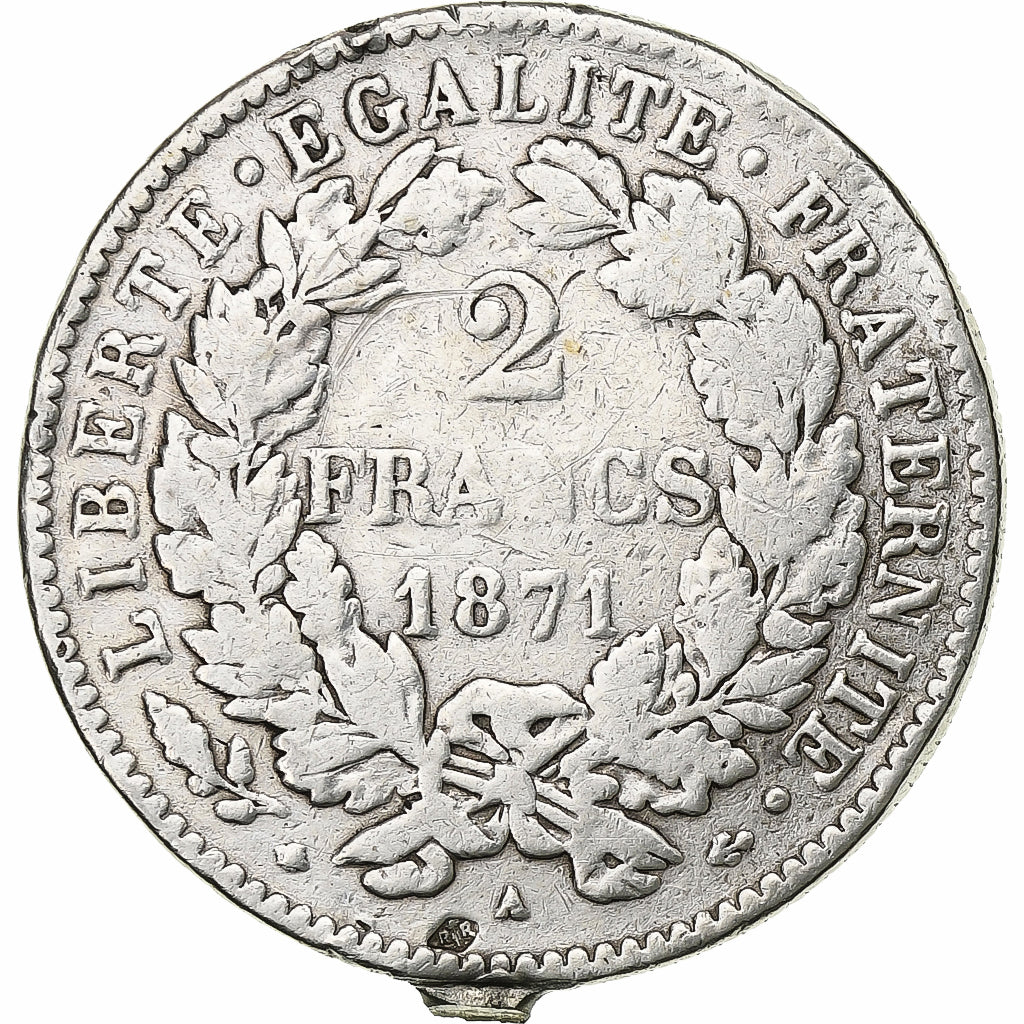 France, 2 Francs, Cérès, 1871, Paris, Petit A, Silver, VF(20-25), Gadoury:530
