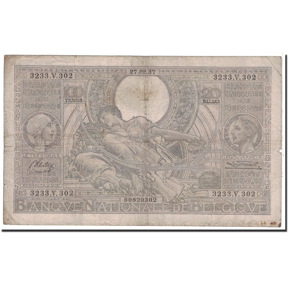 Banconote, Belgio, 100 Francs-20 Belgas, 1937, 1937-02-27, KM:107, MB