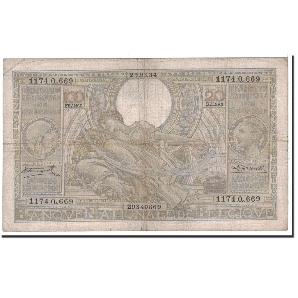 Banknote, Belgium, 100 Francs-20 Belgas, 1934, 1934-03-29, KM:107, VF(20-25)