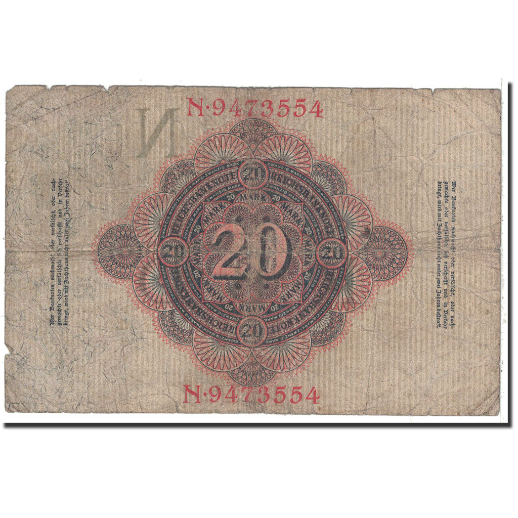 Banknote, Germany, 20 Mark, 1910, 1910-04-21, KM:40c, F(12-15)