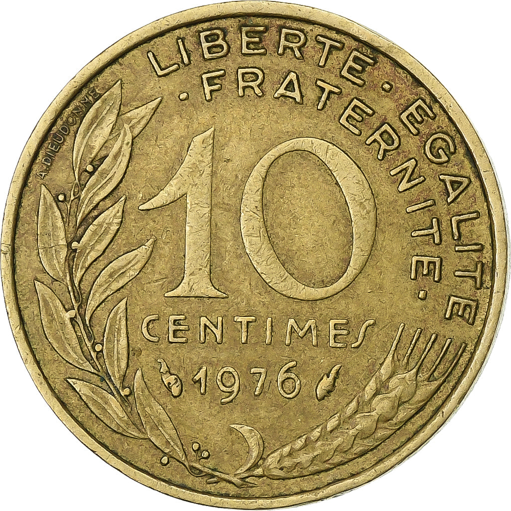 Francja, 10 Centimes, Marianne, 1976, Paris, Aluminium-Brąz, EF(40-45)