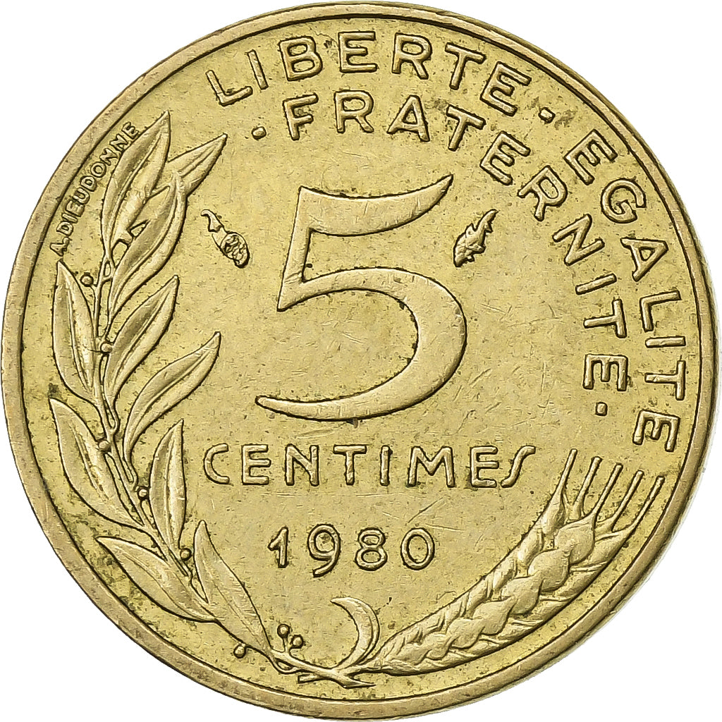Francja, 5 Centimes, Marianne, 1980, Paris, Aluminium-Brąz, EF(40-45)