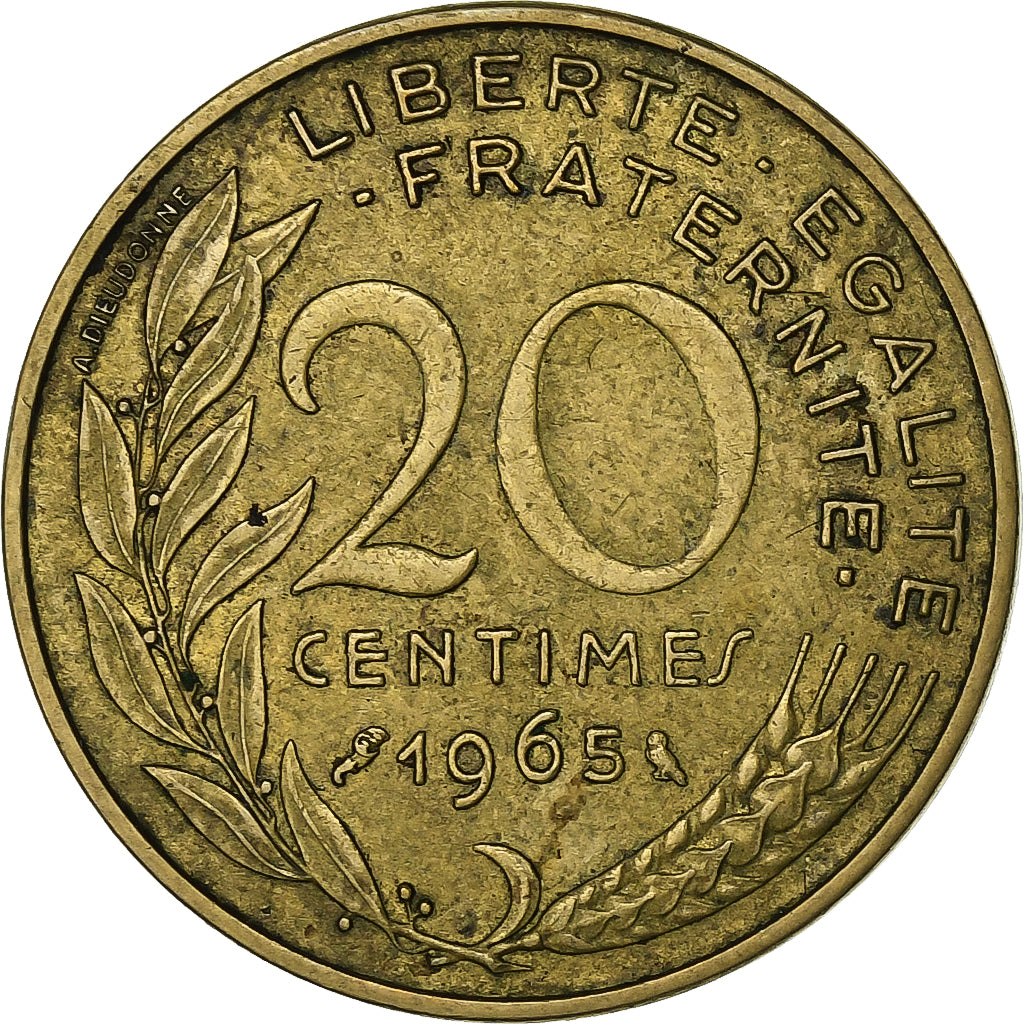 Francia, 20 Centimes, Marianne, 1965, Paris, Aluminio - bronce, MBC
