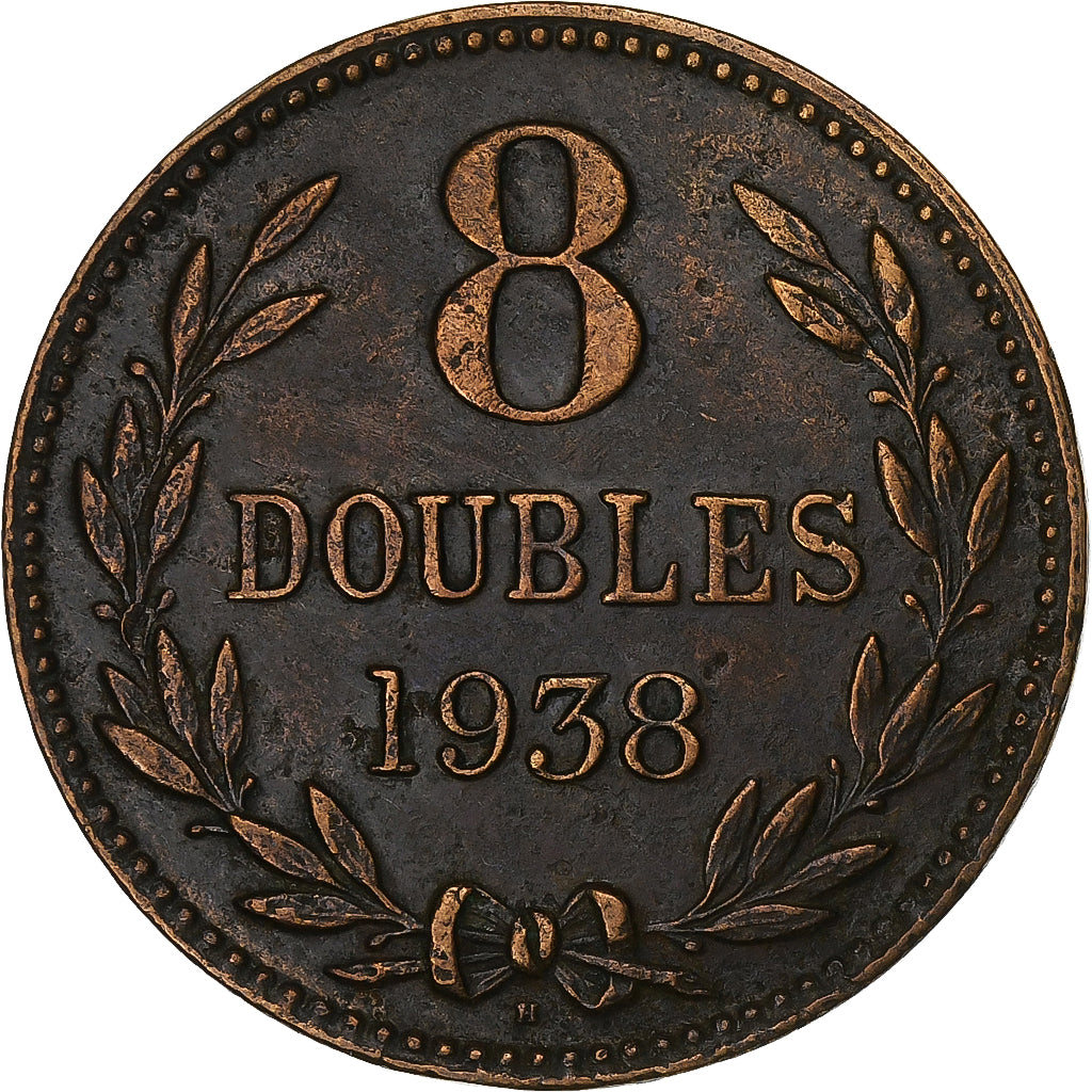 Guernsey, 8 Doubles, 1938, Heaton, Bronze, SS, KM:7