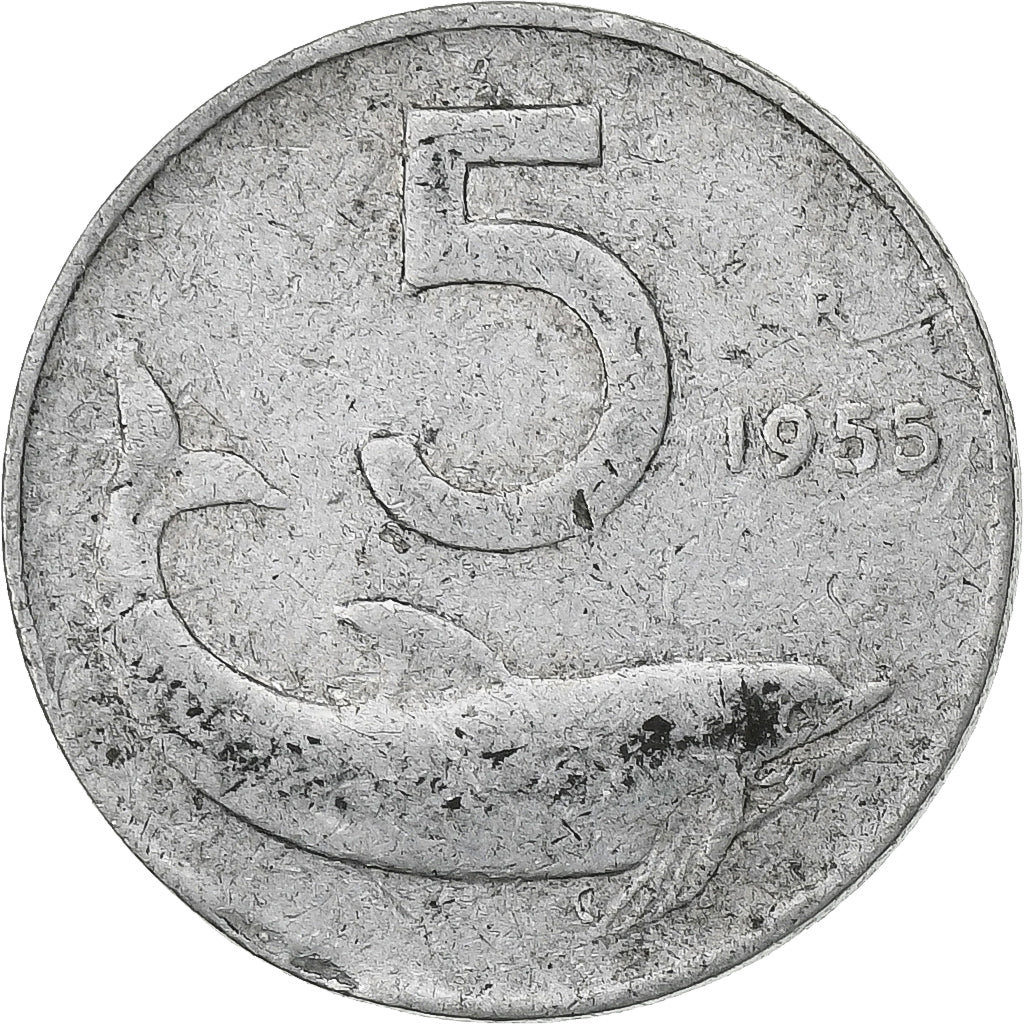 Italie, 5 Lire, 1955, Rome, Aluminium, TB, KM:92