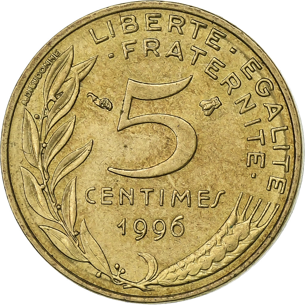 França, 5 Centimes, Marianne, 1996, Paris, Alumínio-Bronze, AU(50-53)