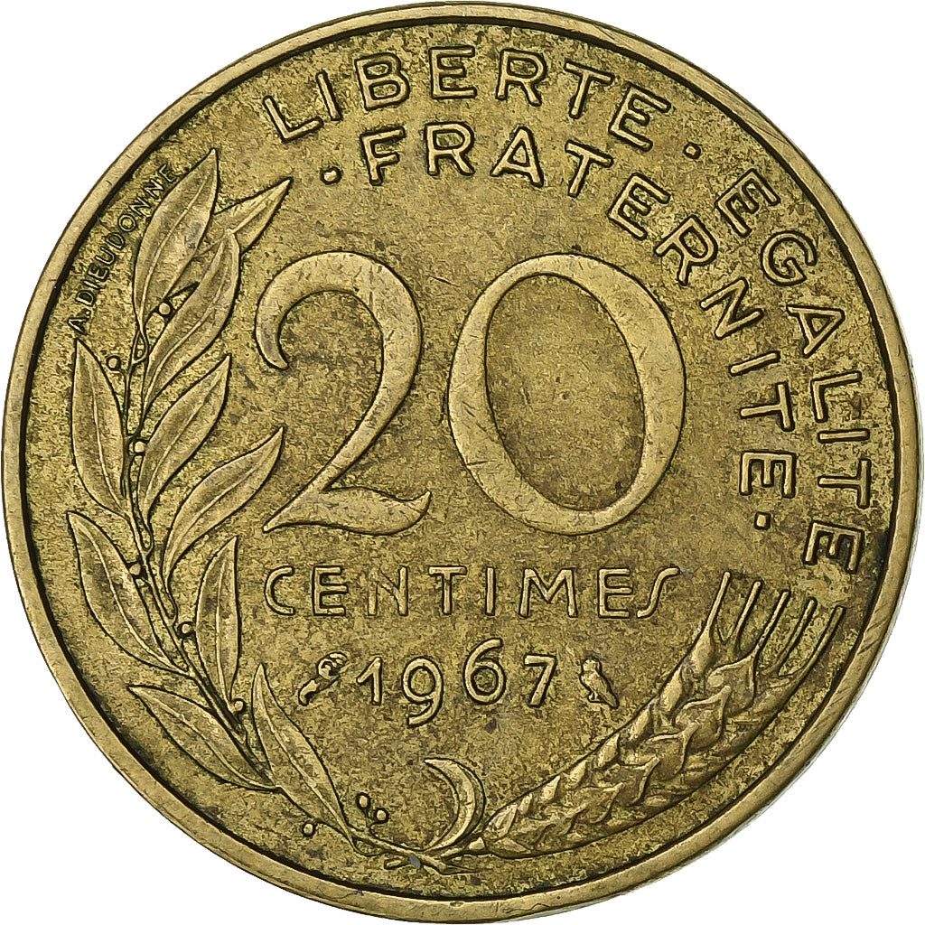 Francia, 20 Centimes, Marianne, 1967, Paris, Aluminio - bronce, MBC