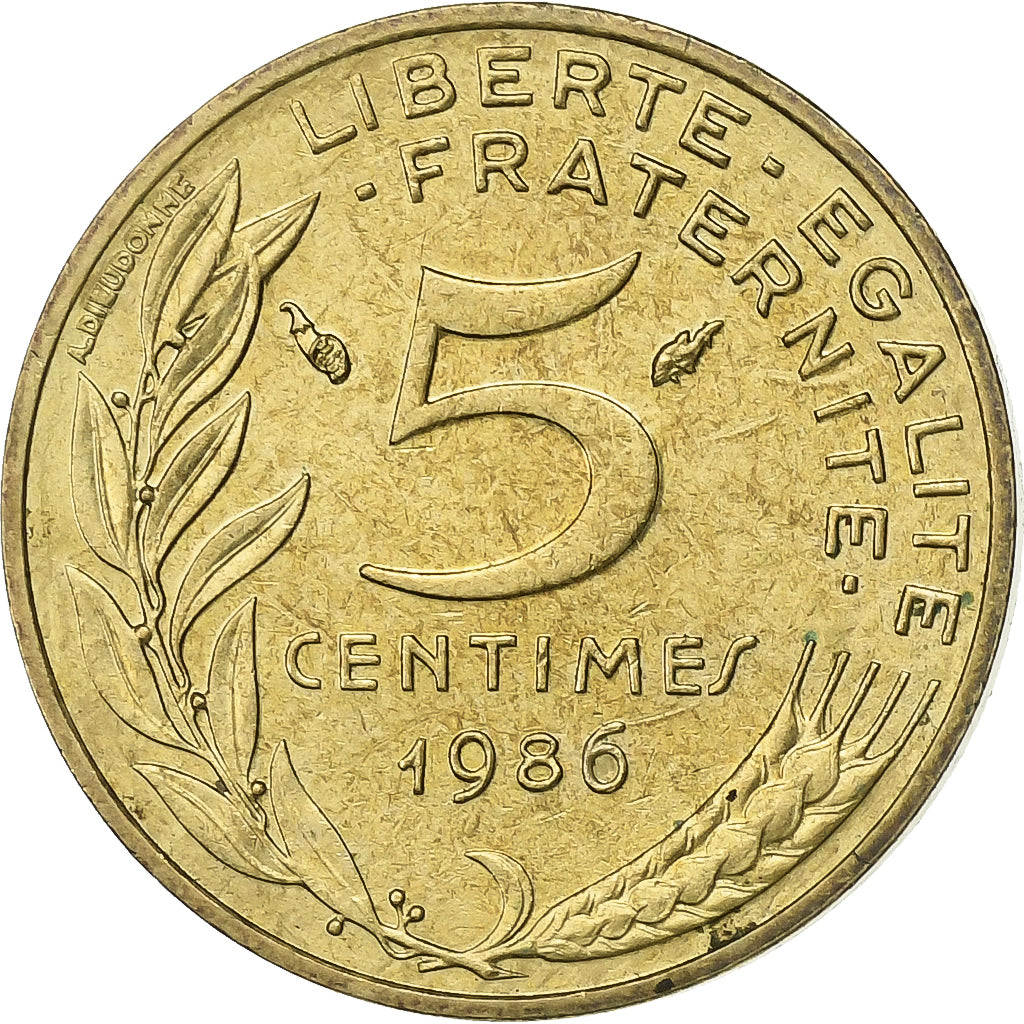 Francja, 5 Centimes, Marianne, 1986, Paris, Aluminium-Brąz, AU(55-58)