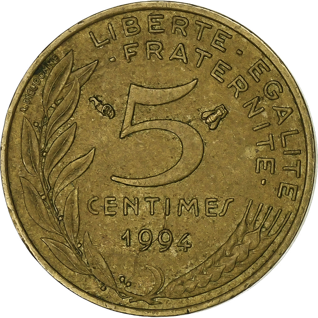 França, 5 Centimes, Marianne, 1994, Paris, Alumínio-Bronze, EF(40-45)