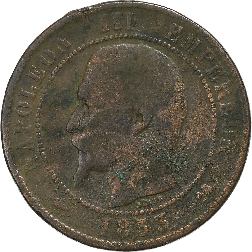 Francia, Napoleon III, 10 Centimes, 1853, Rouen, Bronzo, B+, Gadoury:248