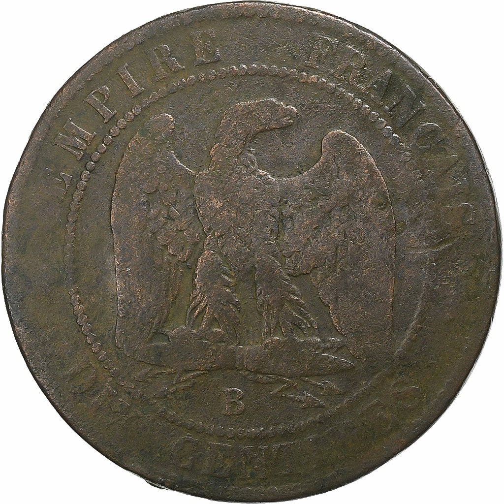 Francia, Napoleon III, 10 Centimes, 1853, Rouen, Bronzo, B+, Gadoury:248