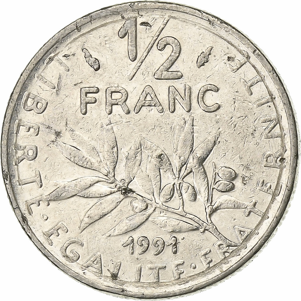 Frankreich, 1/2 Franc, Semeuse, 1991, Paris, Nickel, SS, Gadoury:429, KM:931.1