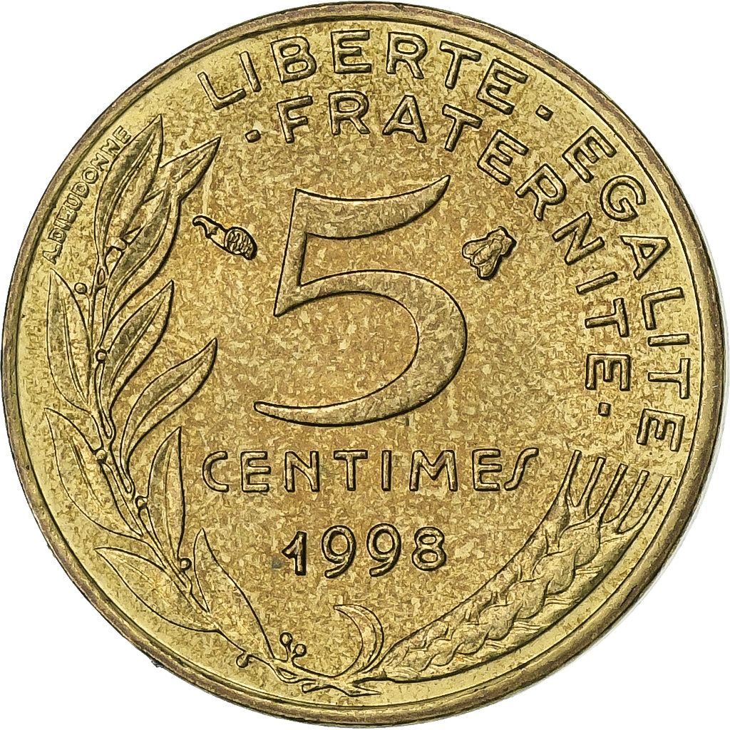 Francja, 5 Centimes, Marianne, 1998, Paris, Aluminium-Brąz, AU(50-53)