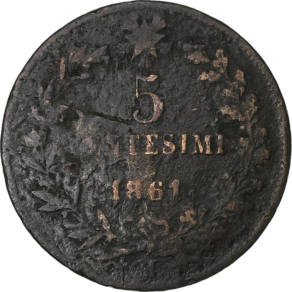 Włochy, Vittorio Emanuele II, 5 Centesimi, 1861, Milan, Miedź, F(12-15)
