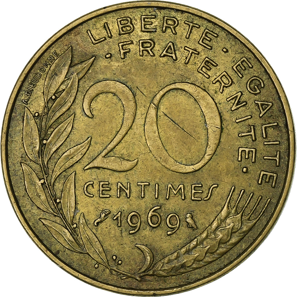 Francja, 20 Centimes, Marianne, 1969, Paris, Aluminium-Brąz, EF(40-45)