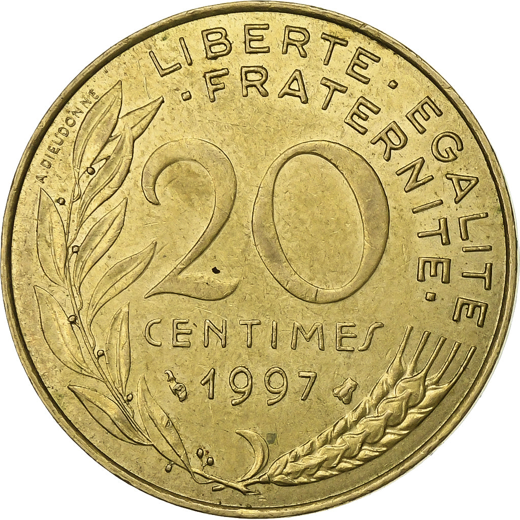 Francia, 20 Centimes, Marianne, 1997, Paris, Alluminio-bronzo, BB+, KM:930