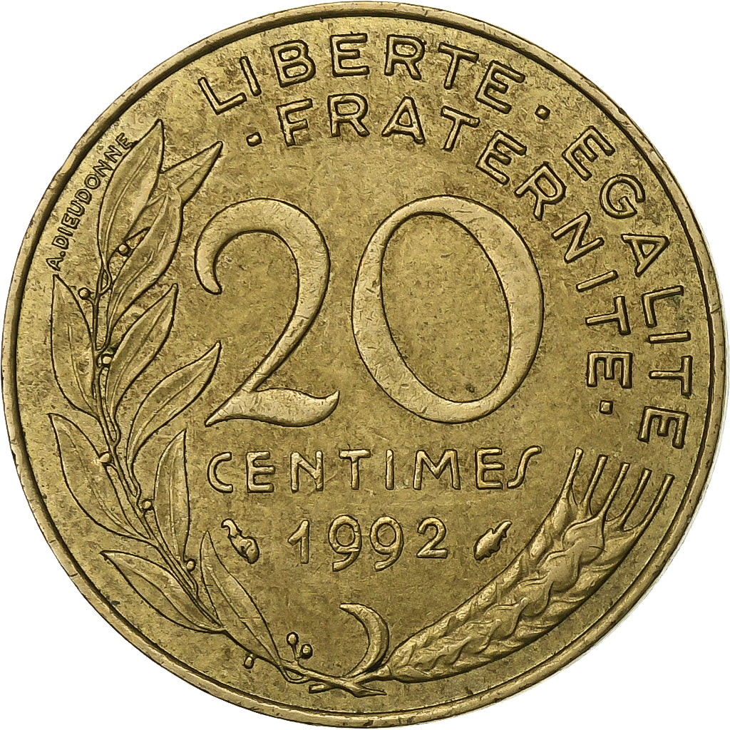 Francja, 20 Centimes, Marianne, 1992, Paris, Aluminium-Brąz, EF(40-45)