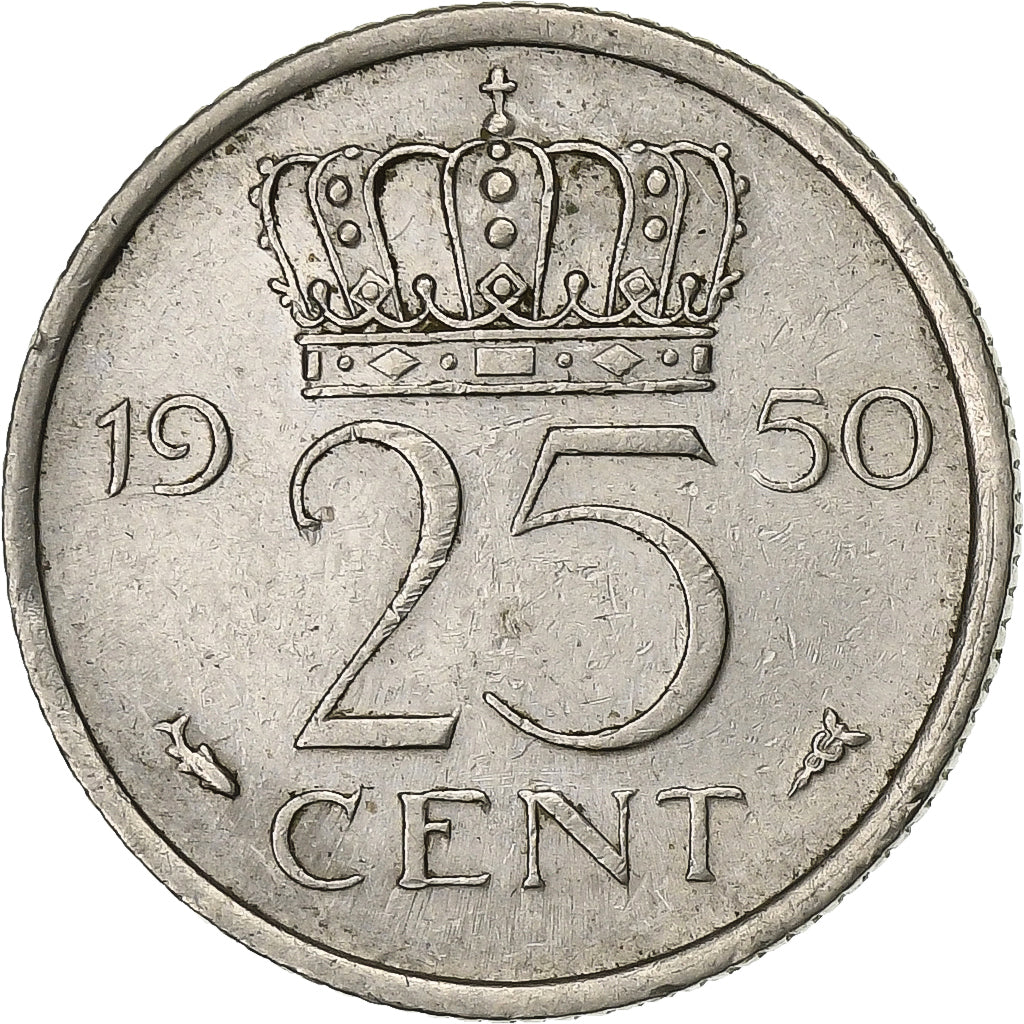 Holandia, Juliana, 25 Cents, 1950, Nikiel, AU(50-53), KM:183